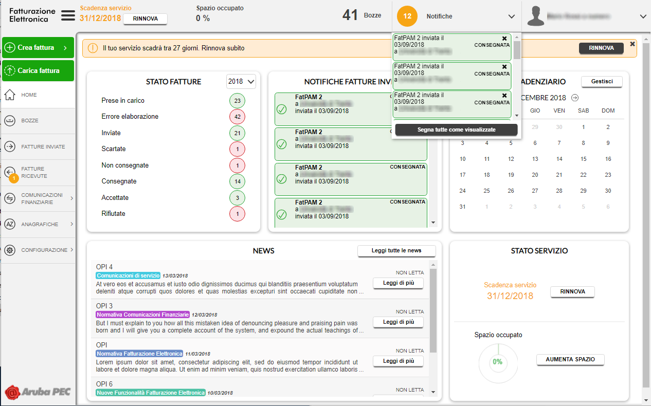 dashboard notifiche Fatturazione Elettronica